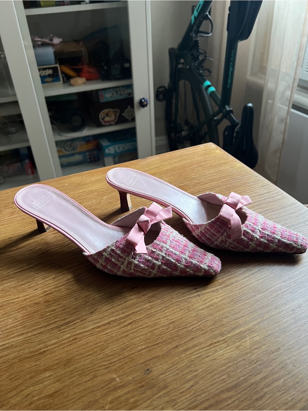 Pink Tweed Bow Pointed-Toe Kitten Heel Mules